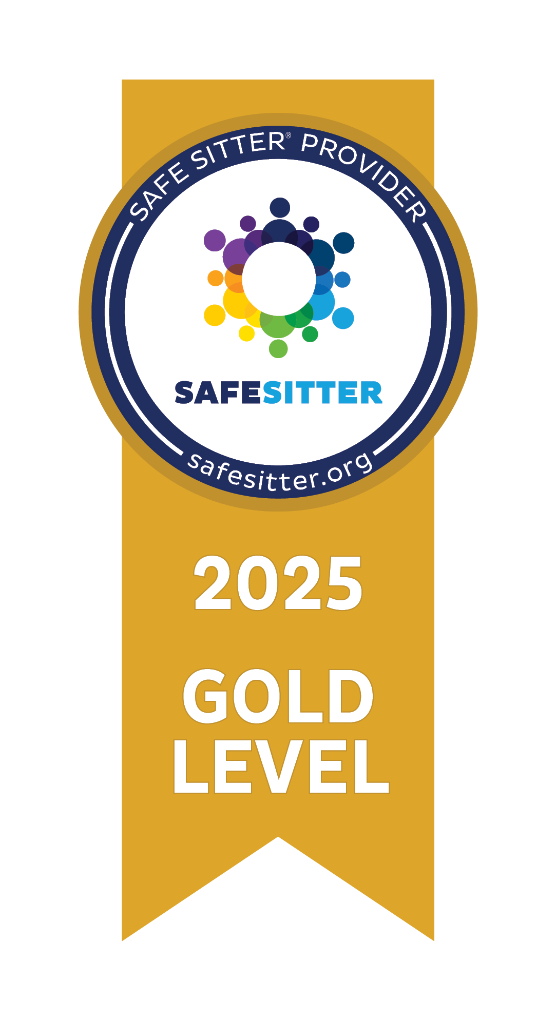 Gold ribbon badge with the Safe Sitter Provider logo, celebrating