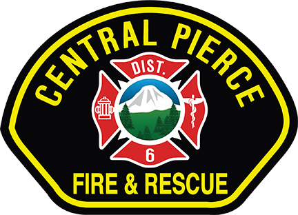 Central Pierce Fire & Rescue badge featuring a mountain, trees, fire hydrant, and medical symbol, with “Dist. 6” in the center.