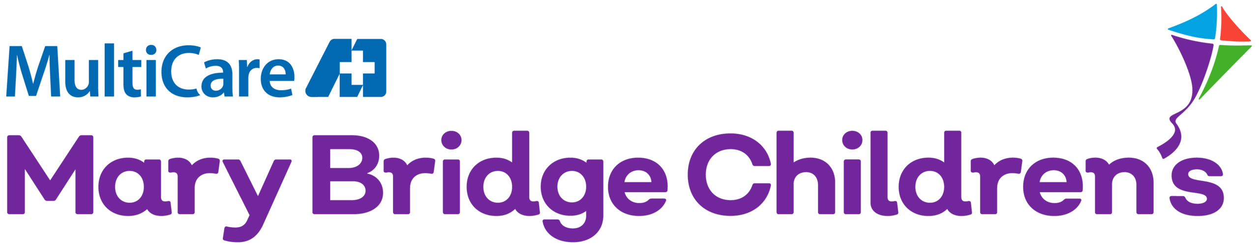 MultiCare Mary Bridge Children's logo with blue text, a blue medical cross, and a colorful kite graphic on the right.
