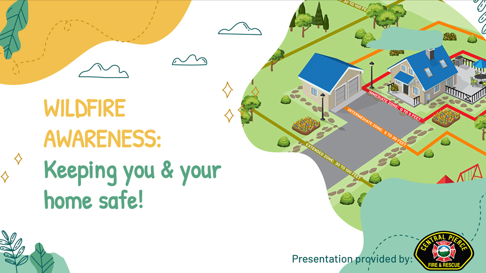 Illustration of a house with defensible space, trees, and lawns, promoting wildfire awareness and home safety, presented by Central Pierce Fire & Rescue.