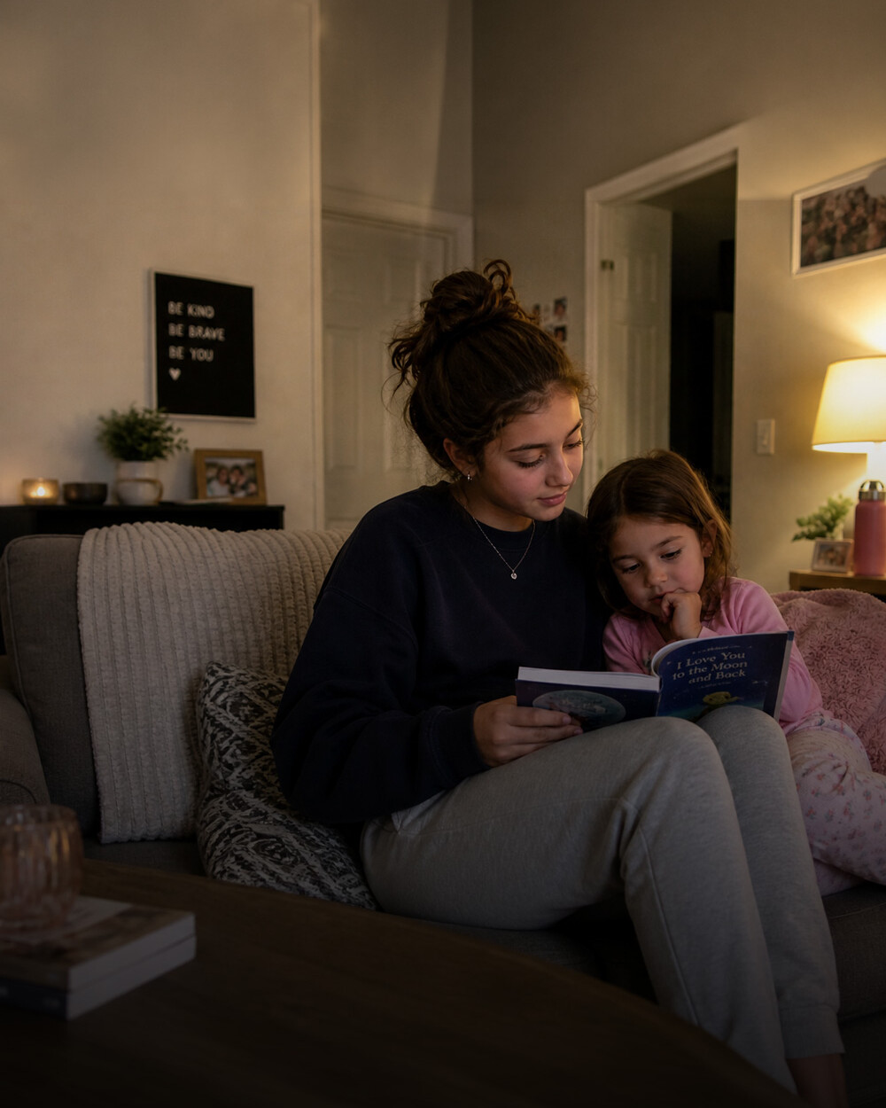 An older girl and a young girl sit on a couch together, reading a book in a warmly lit living room—perhaps inspired by the Central Pierce Fire Safe Sitter program’s focus on creating safe, nurturing environments for kids.