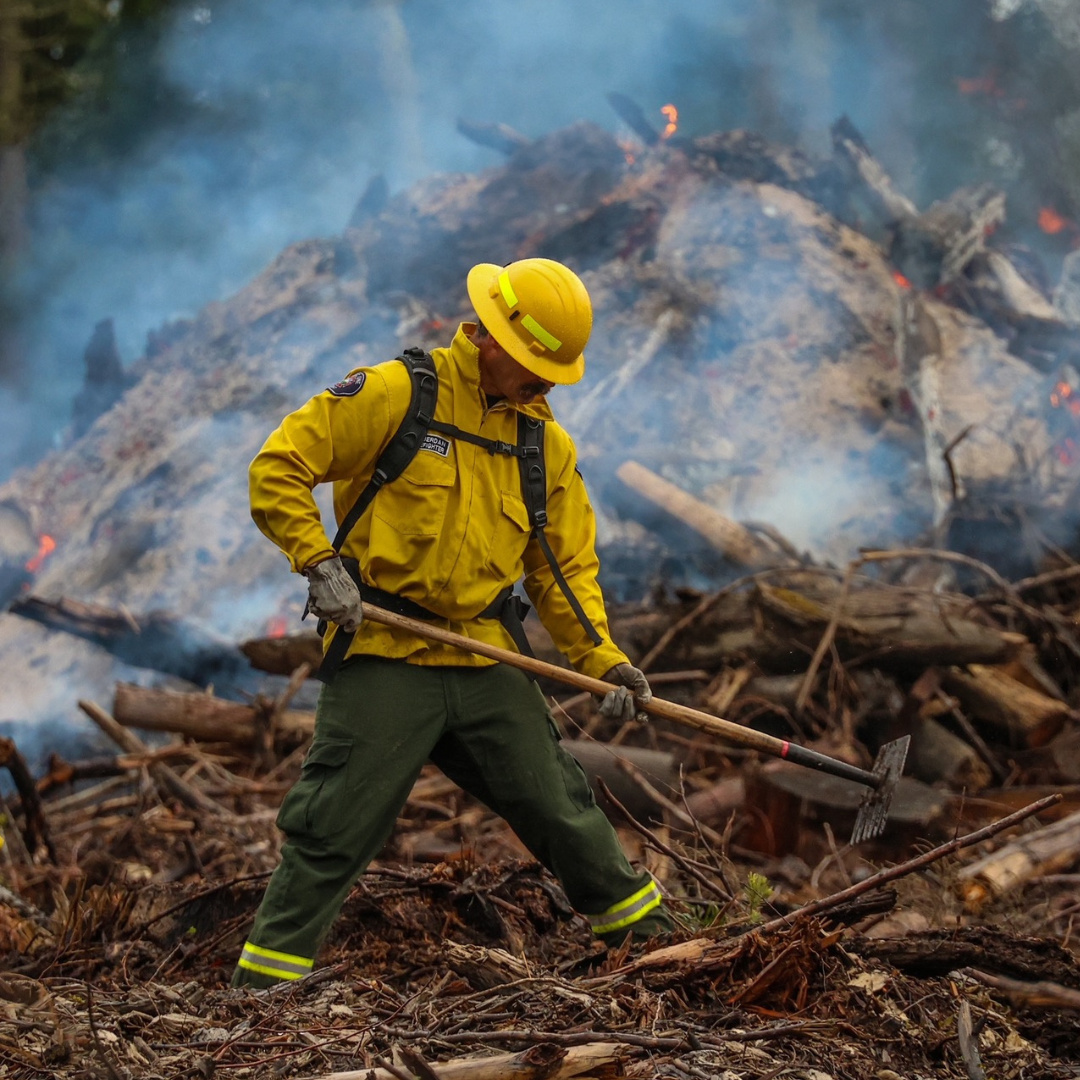 Firefighter in yellow gear uses a tool to manage a smoky, smoldering pile of debris and burned wood in a forested area.
