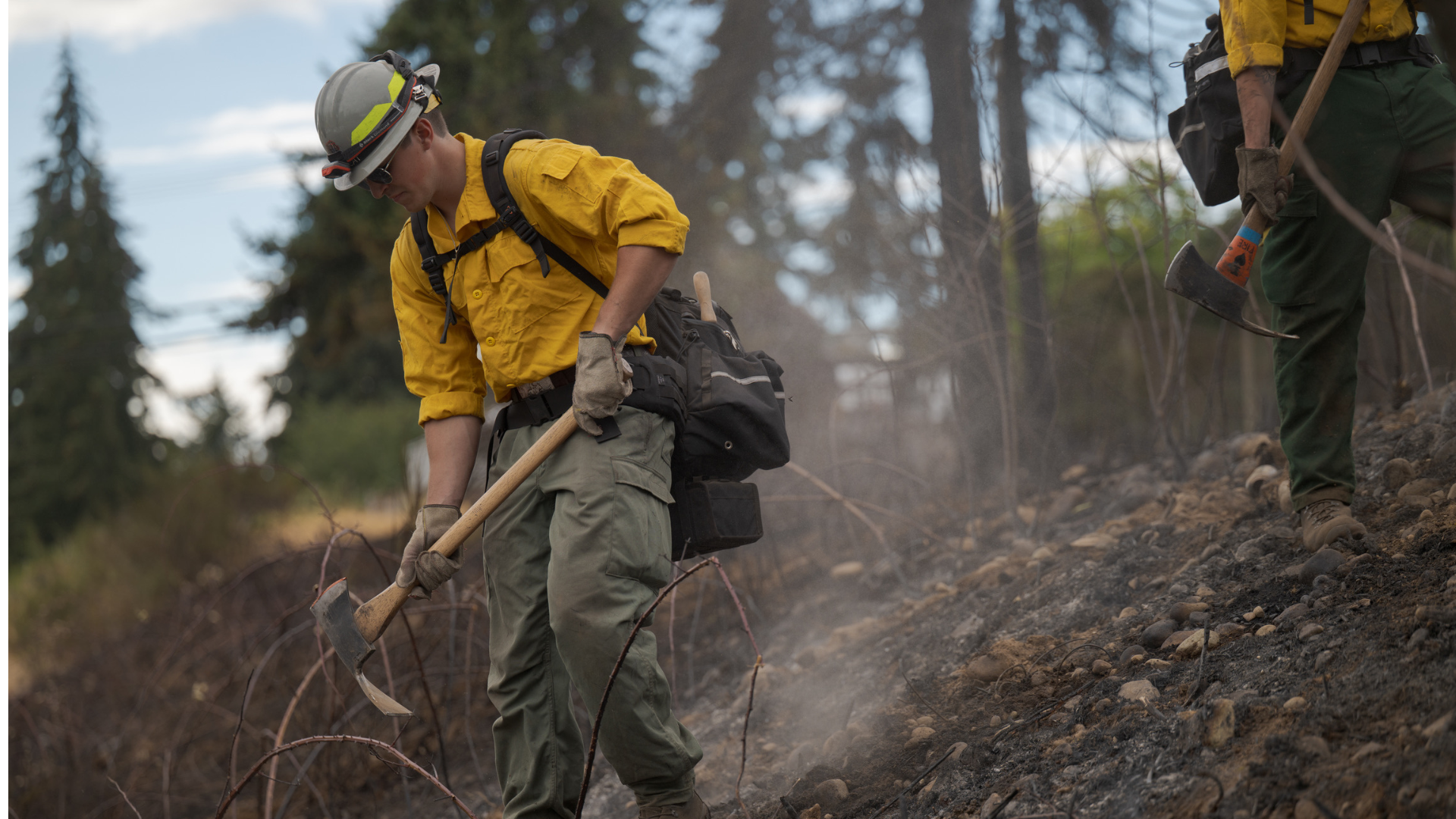 Two firefighters in yellow shirts and helmets use tools to clear burnt ground in a forested area.