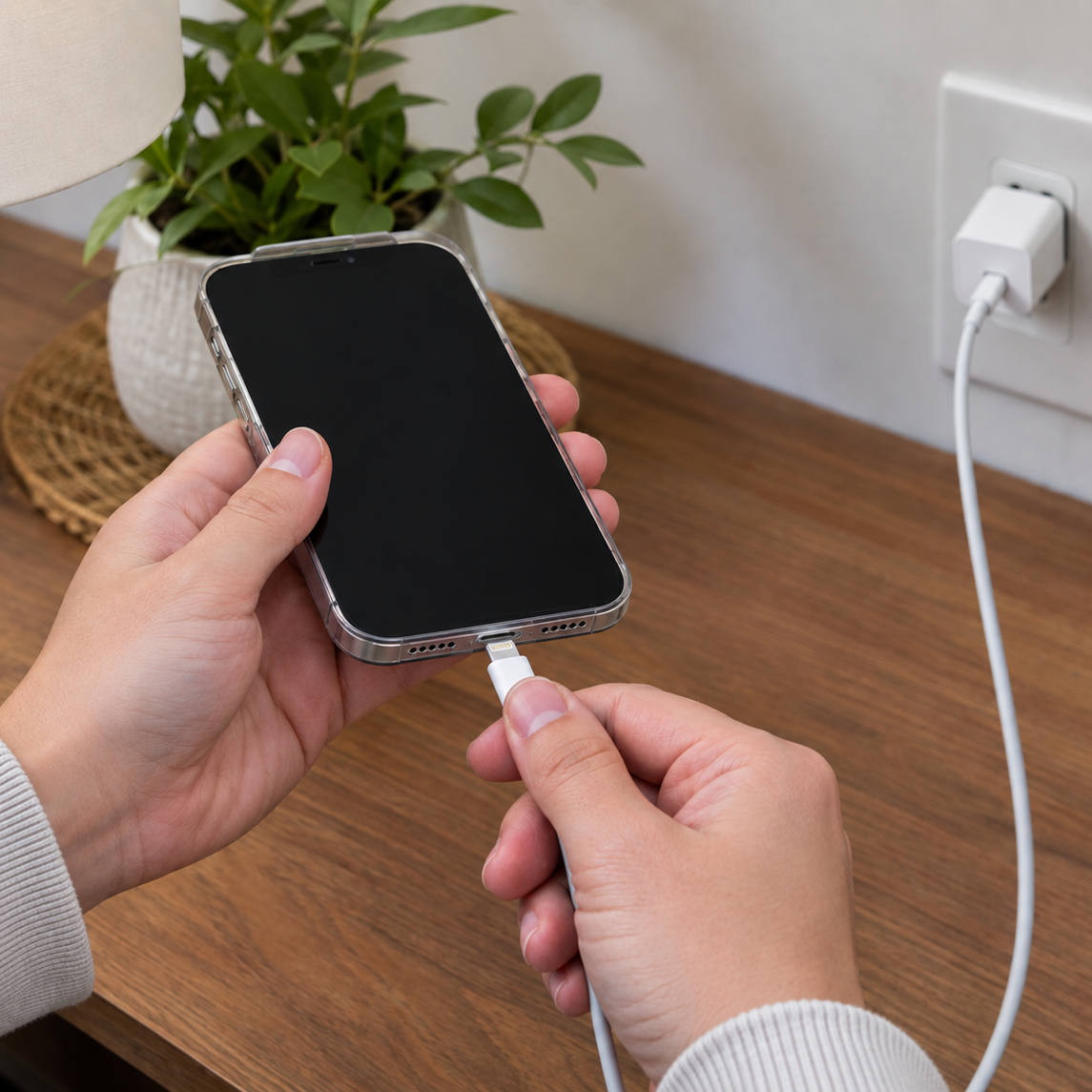 A person plugs a charging cable into a smartphone.