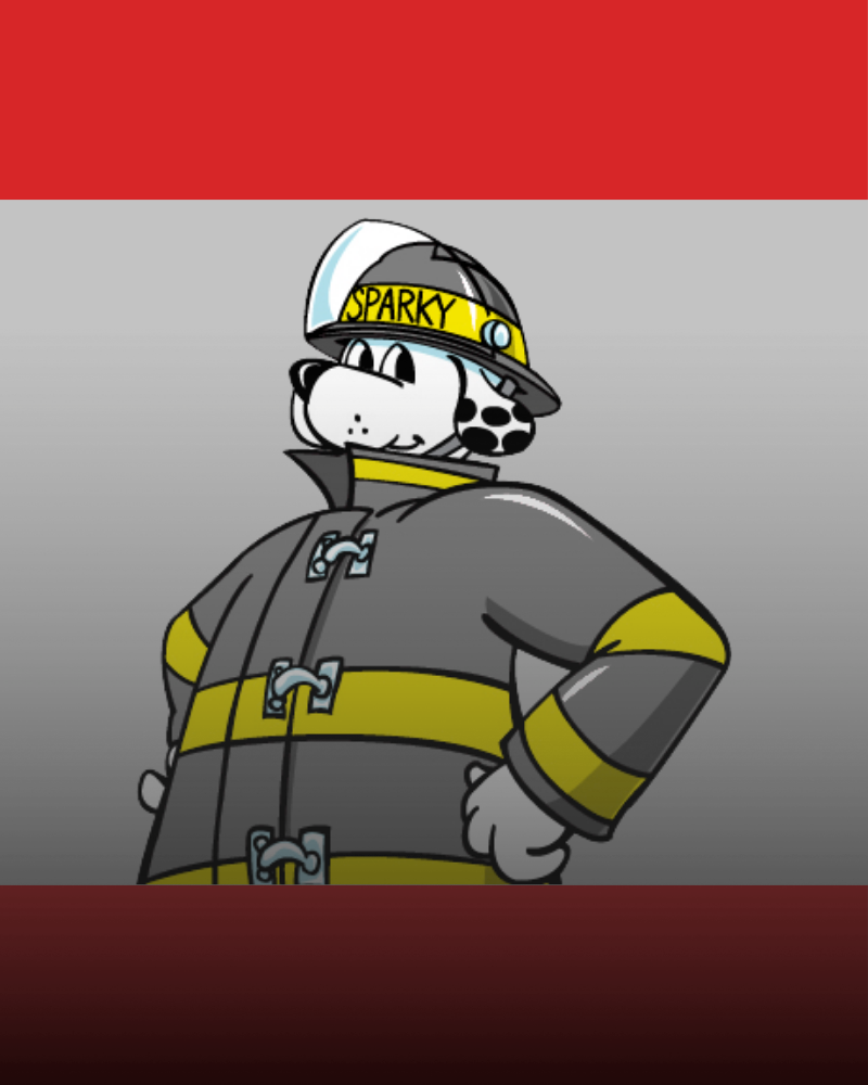 Cartoon dalmatian wearing a firefighter helmet labeled “Sparky” and a gray coat with yellow stripes, standing with hands on hips for Central Pierce Fire & Rescue Fire Prevention Week.